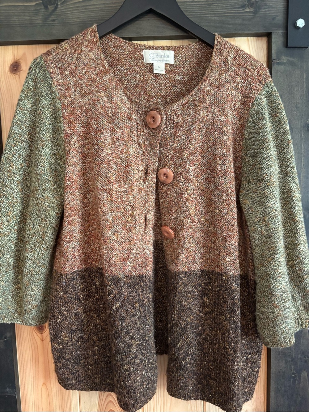 CJ Banks Colorblock Button Cardigan - Green, Brown, Rust